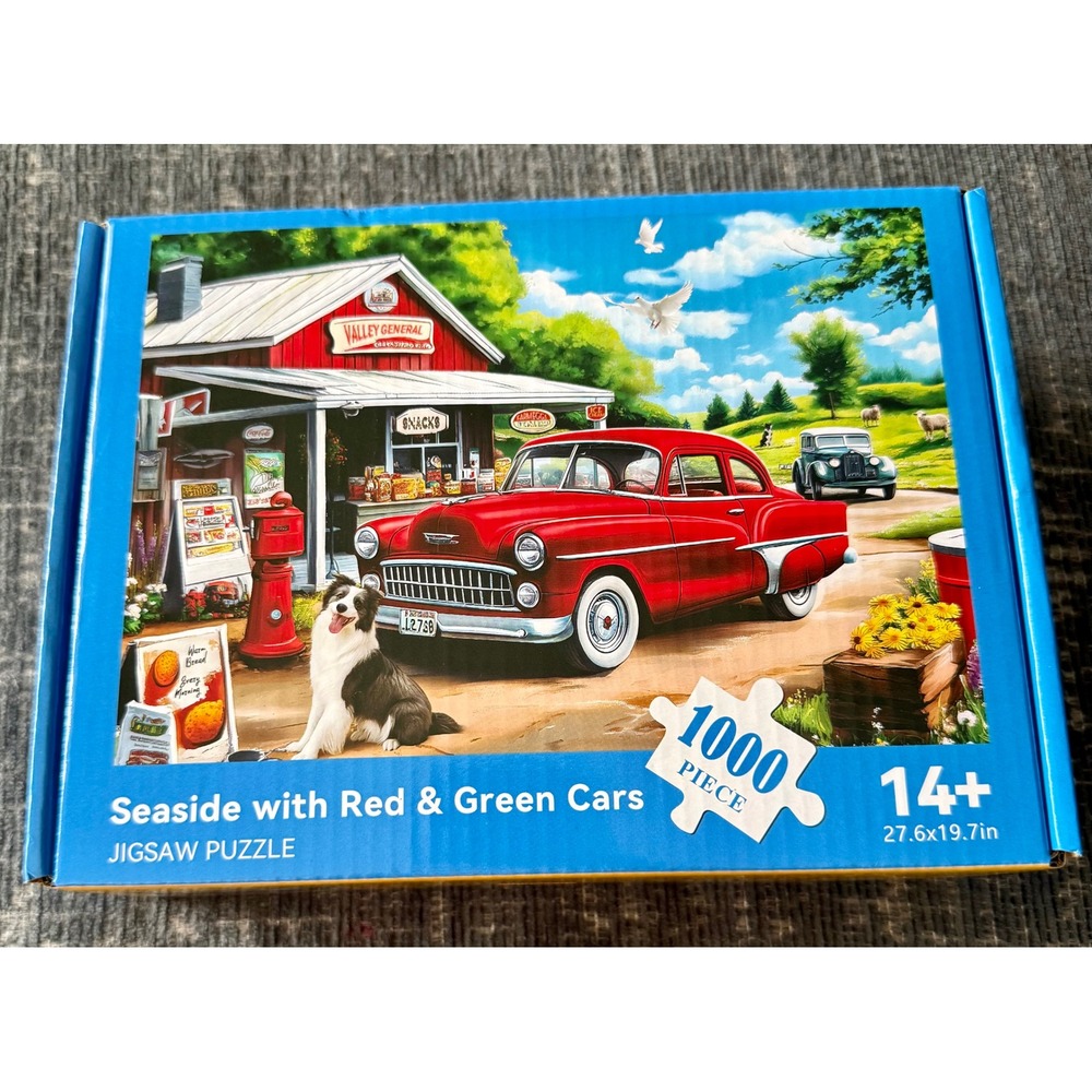 Jigsaw Puzzle 1000 Piece Seaside Red Green Cars Vintage 14+